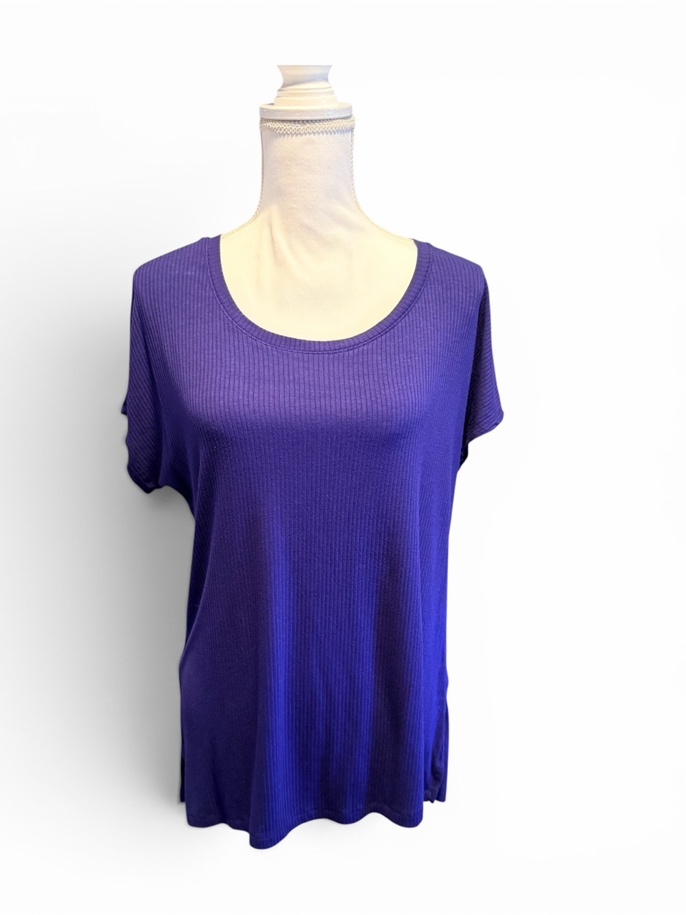 Felina Purple/Blue Ribbed Scoop Neck Short Sleeve Top Size Medium